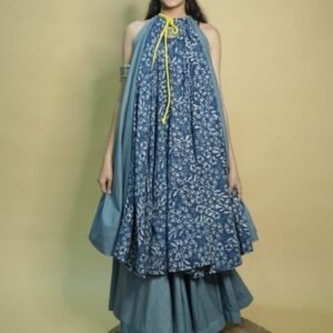 Ladies Blue Cotton Flared Indo Western Dress